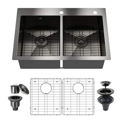 Handmade Drop-In 2-Hole 50/50 Double Bowl 18 Gauge Stainless Steel Kitchen Sink with Bottom Grids and Basket Strainers