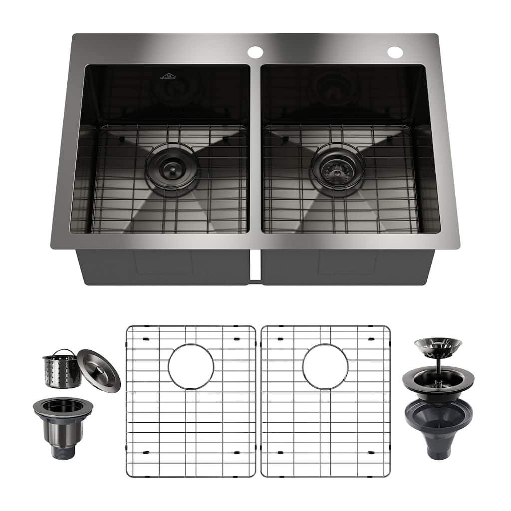 Handmade Drop-In 2-Hole 50/50 Double Bowl 18 Gauge Stainless Steel Kitchen Sink with Bottom Grids and Basket Strainers
