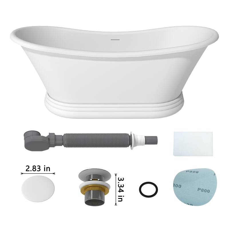 CASAINC 67 Inch Soaking Bathtub Solid Surface Stone Bathtub with Center Drain in Matte White - 67 Inch