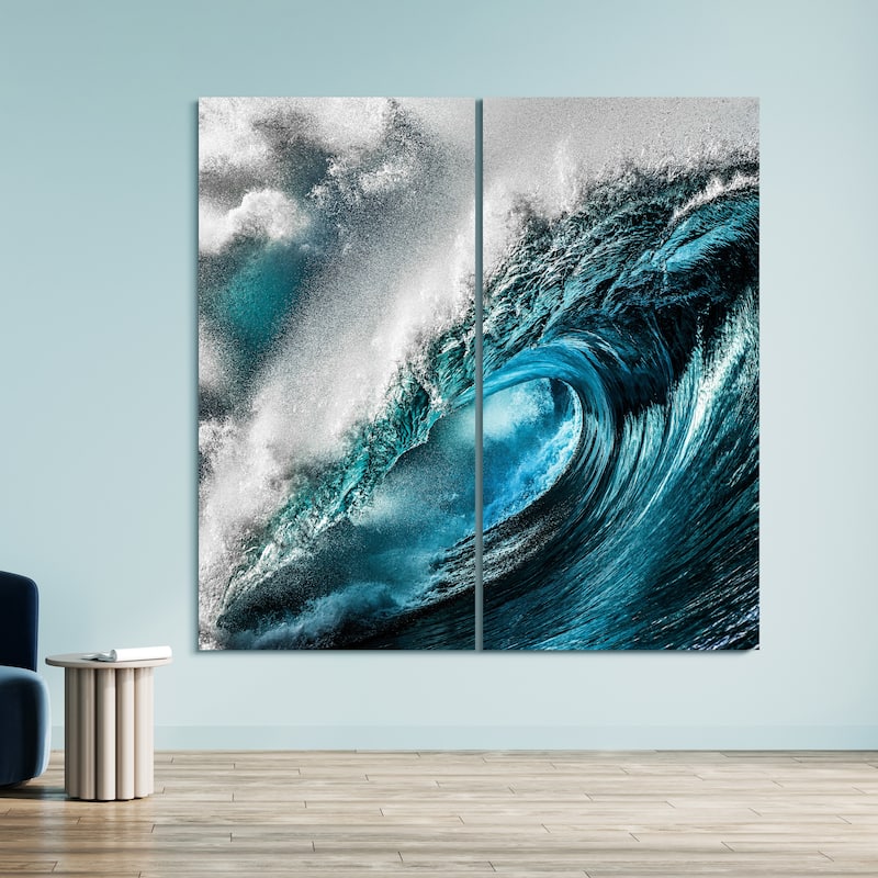 "Sapphire Sea" Oversized 72"x 36" Frameless Reverse Printed Tempered Art Glass Wall Art Set