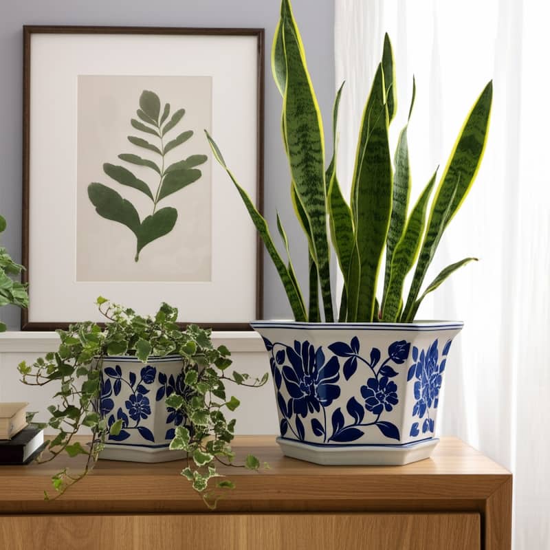 Stoneware Saucer Planters Attached Base for Home Garden (Set of 2)