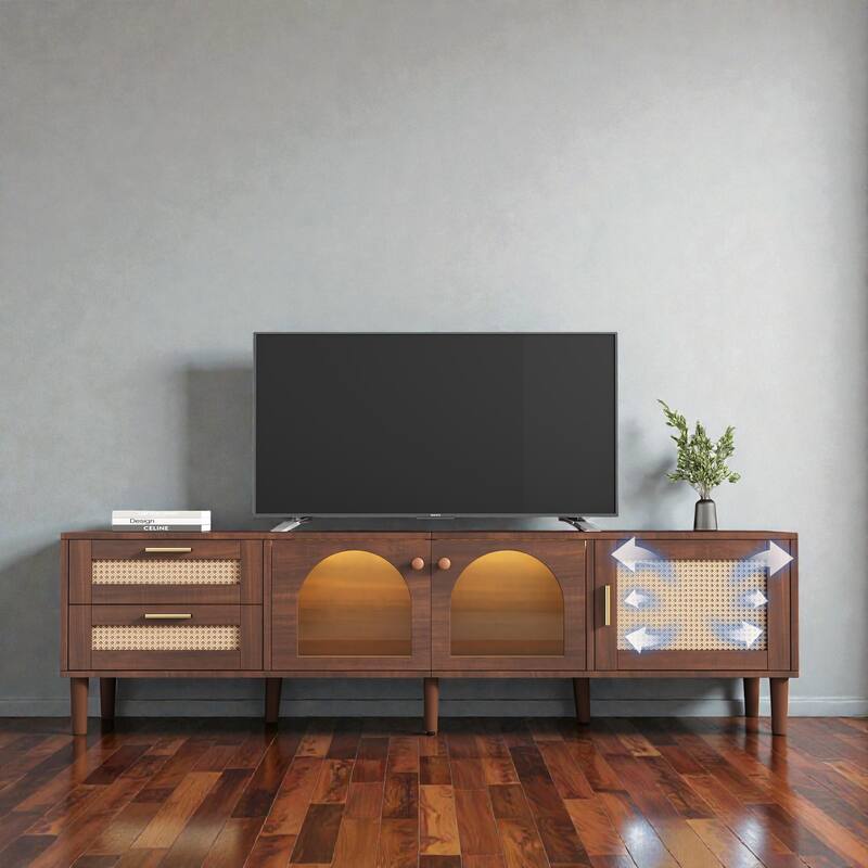 Rattan TV Stand with 3 Cabinets & 2 Drawers, LED Media Console for TVs up to 80'', Modern Storage Entertainment Center