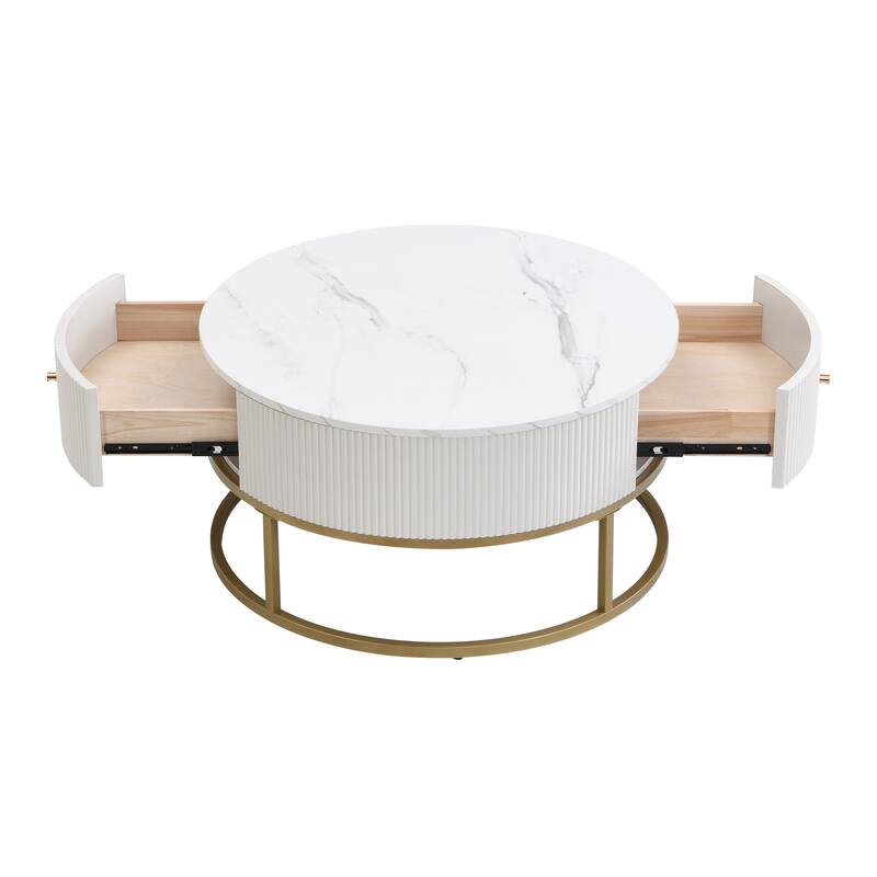 31.5" Iron Faux Marble Table Round End Table with Two Drawers and Anti-Slip Pads