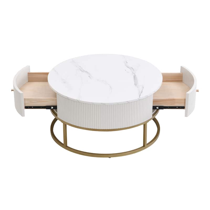 Modern Round Coffee Table Artificial Marble Table with 4 Non-Slip Mats Off-White Striped Drawers, for Living Room