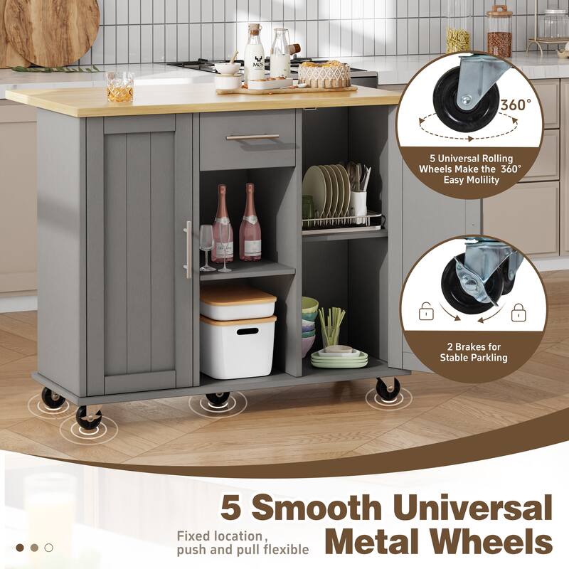 Rolling Kitchen Island Cart with Open Shelf & Drop Countertop - N/A