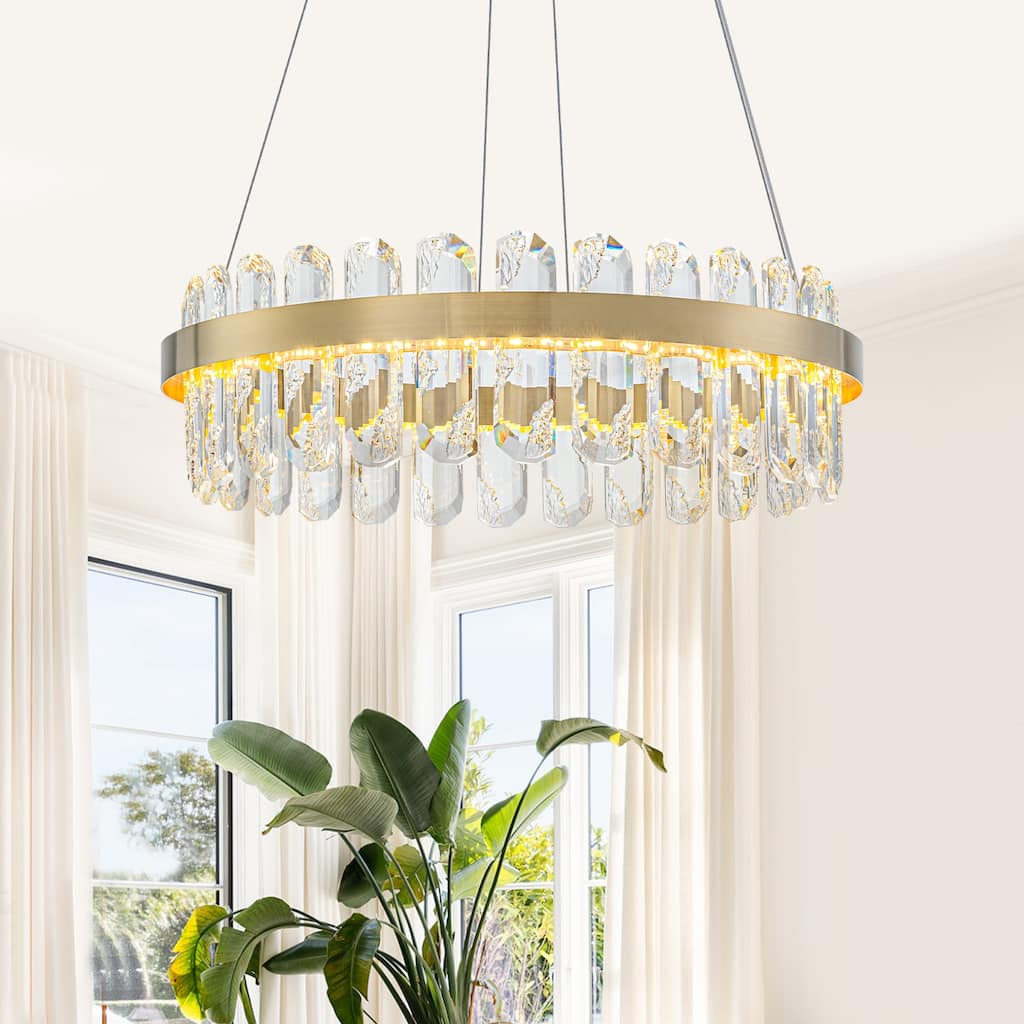 Modern Gold LED Chandelier with Clear Linear Crystals Dimmable - Dia.19.57-in