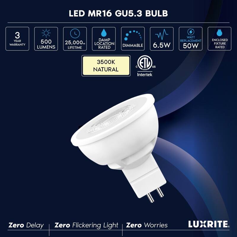 Luxrite MR16 LED Bulbs Dimmable 6.5W=50W 3500K 500 Lumens 120V GU5.3 Enclosed Fixture Rated 12PK - 3500K Natural White