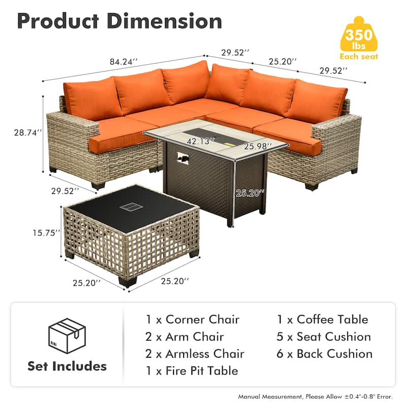 XIZZI 7 Pieces Patio Furniture Wicker Sectional Sofa Set with Fire Pit Table