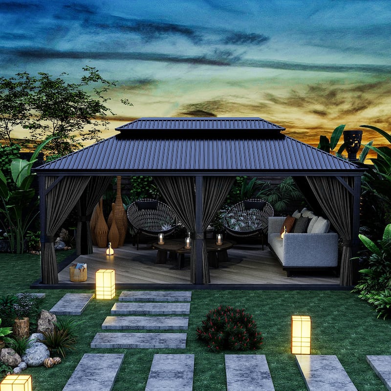 12 ft. x 20 ft. Double Roof Hardtop Aluminum Patio Gazebo with Netting and Curtains