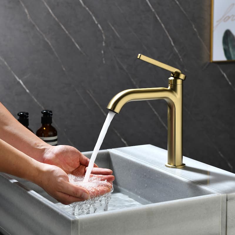 Single Handle Bathroom Sink Faucet Brass Modern 1 Holes Bathroom Vanity Basin Taps Brushed Gold