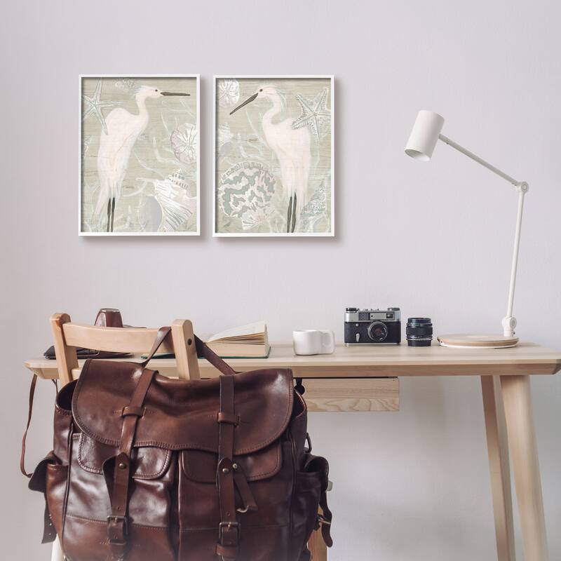 Stupell White Heron Nautical Seashells Rustic Starfish Wildlife 2 Piece Framed Wall Art, Design by June Erica Vess - Beige