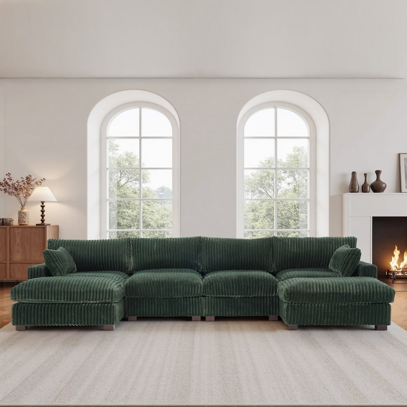 Oversied Plush Corduroy Fabric Modular Sectional Sofa with Chaise, Ottoman