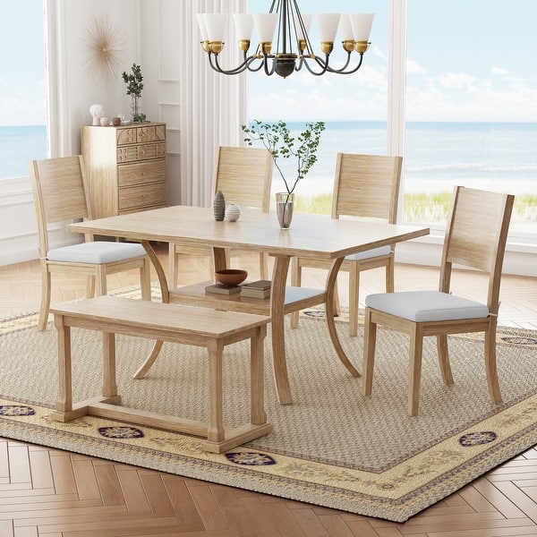 6-Piece Dining Table &amp; Chairs Set with Shelf &amp; Bench, Beige+ 