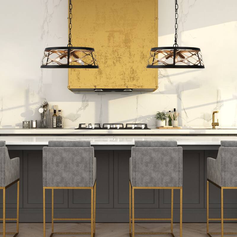 Modern Farmhouse Drum Geometric Chandelier Black Gold Semi-Flush Mount Foyer Ceiling Light - D15.5"x H7"