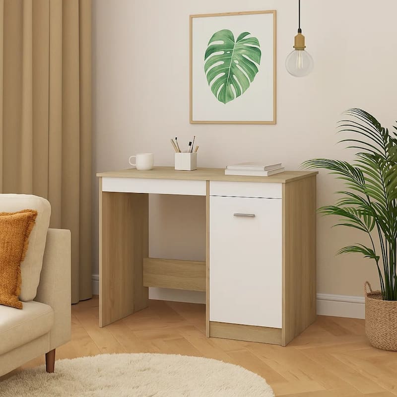 Ami Office Desk with Cabinet, White and Oak Beige Wood, Chrome Handle