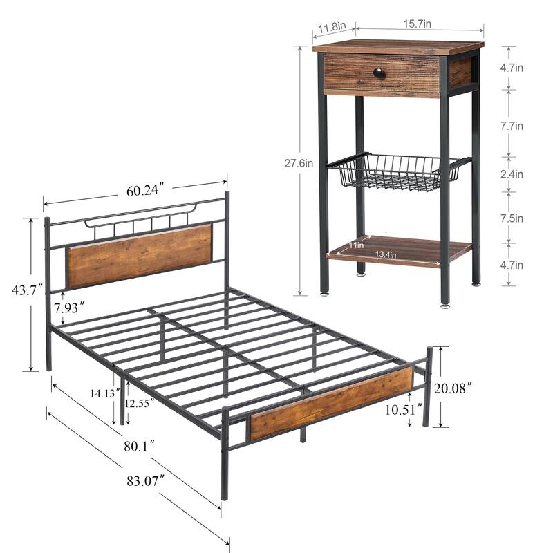 Javlergo 3-Piece Bedroom Set with Bed Frame and 2 Nightstand, Brown