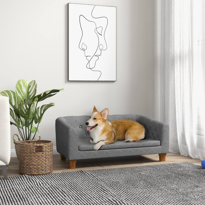 Medium Dog Sofa with Removable Faux Linen Cushion Pine Wood Frame Gray and Natural Wood Finish - 37.75" W x 23.5" D x 16.5" H