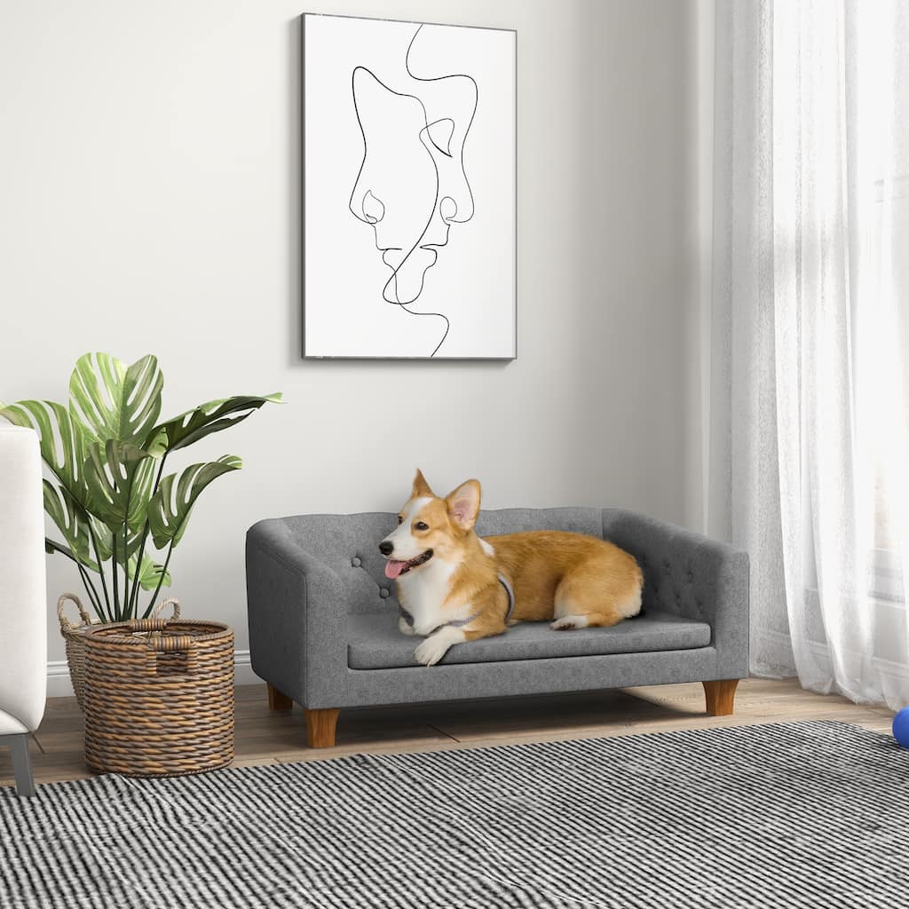 Medium Dog Sofa with Removable Faux Linen Cushion Pine Wood Frame Gray and Natural Wood Finish - 37.75" W x 23.5" D x 16.5" H