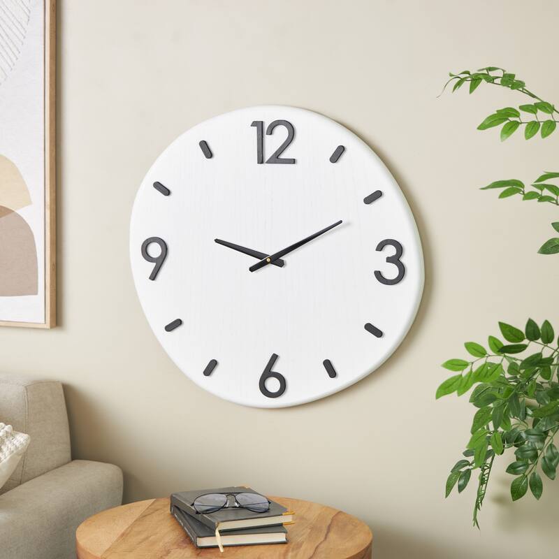 White Wood Round Decorative Wall Clock with Black Hands and Numbers - 1"W x 24"L x 23"H