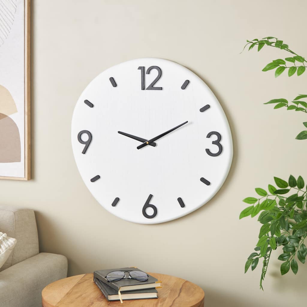 White Wood Round Decorative Wall Clock with Black Hands and Numbers - 1"W x 24"L x 23"H