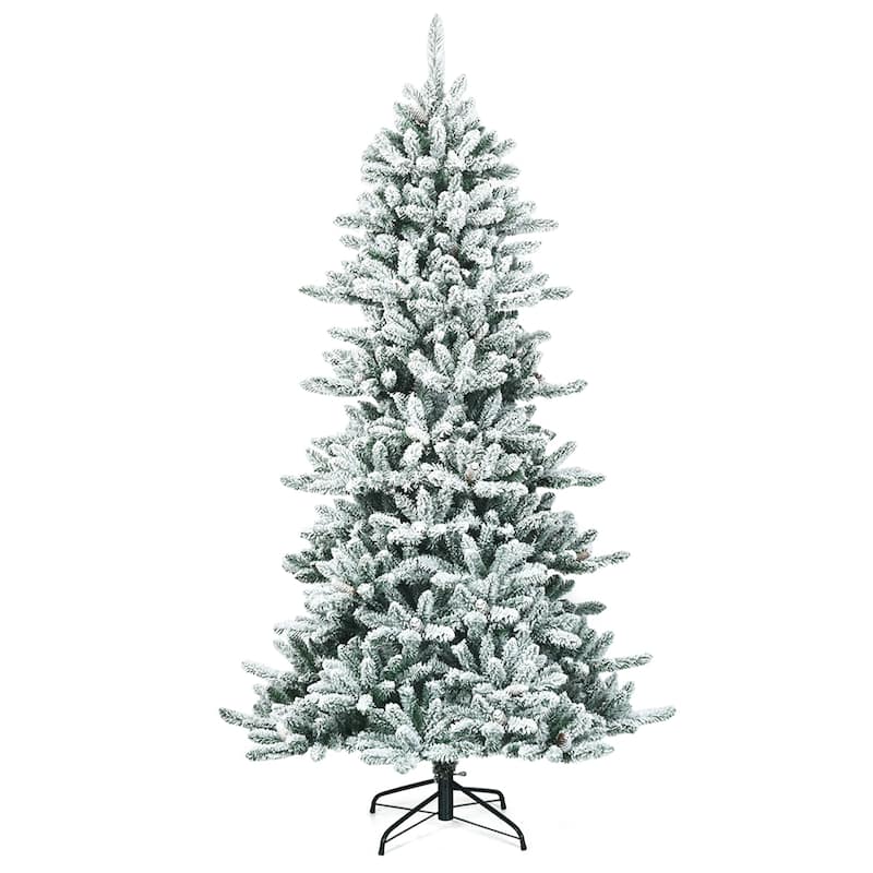 Gymax 7FT Snow Flocked Christmas Tree Hinged Fir Tree w/ Pine Cones - See Details