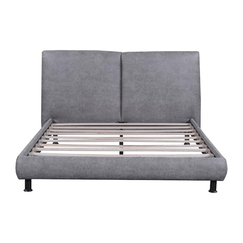 Queen Size Upholstered Platform Bed with Two Large Headrests - Grey