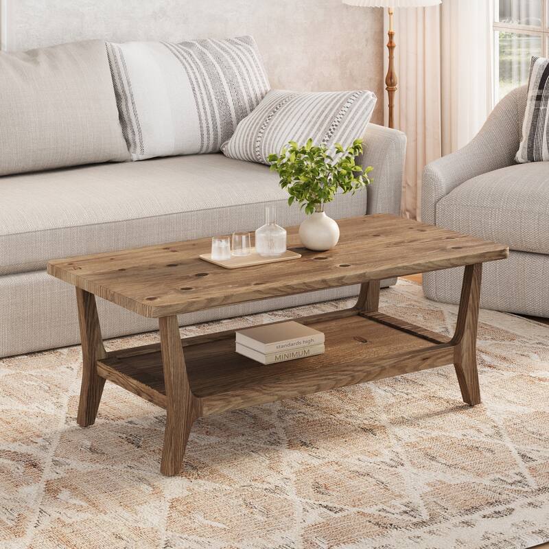 47'' Solid Wood Coffee Table with Open Storage Shelf, Mid-Century Rectangle Center Table - Rustic Brown