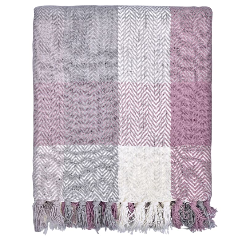 Fabstyles Herringbone Checkered Cotton Throw Blanket with Fringes