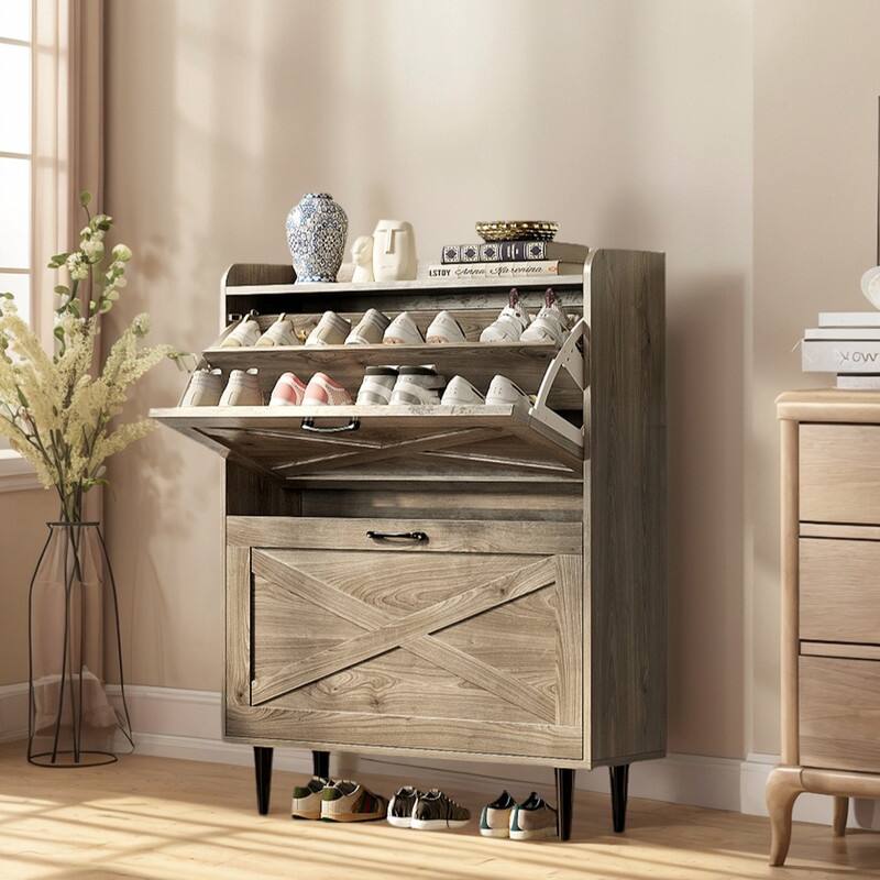 2 Flip 1 Barrier Barn Door Shoe Cabinet Melamine Embossed 31.6in - Gray Oak