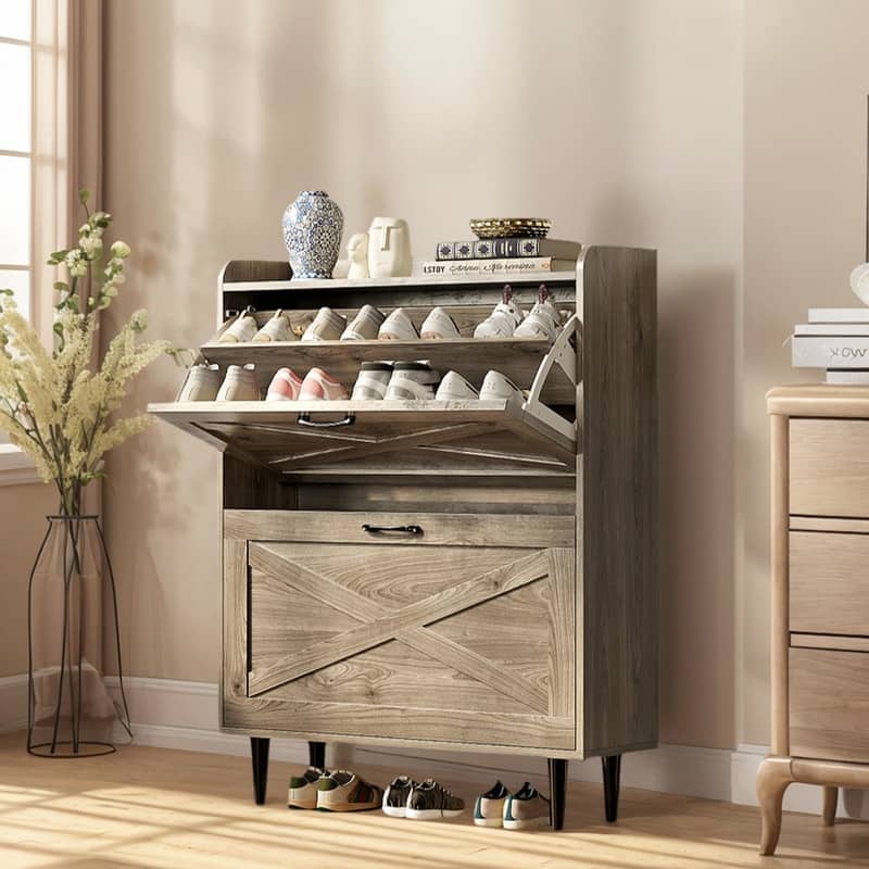 2 Flip 1 Barrier Barn Door Shoe Cabinet Melamine Embossed 31.6in