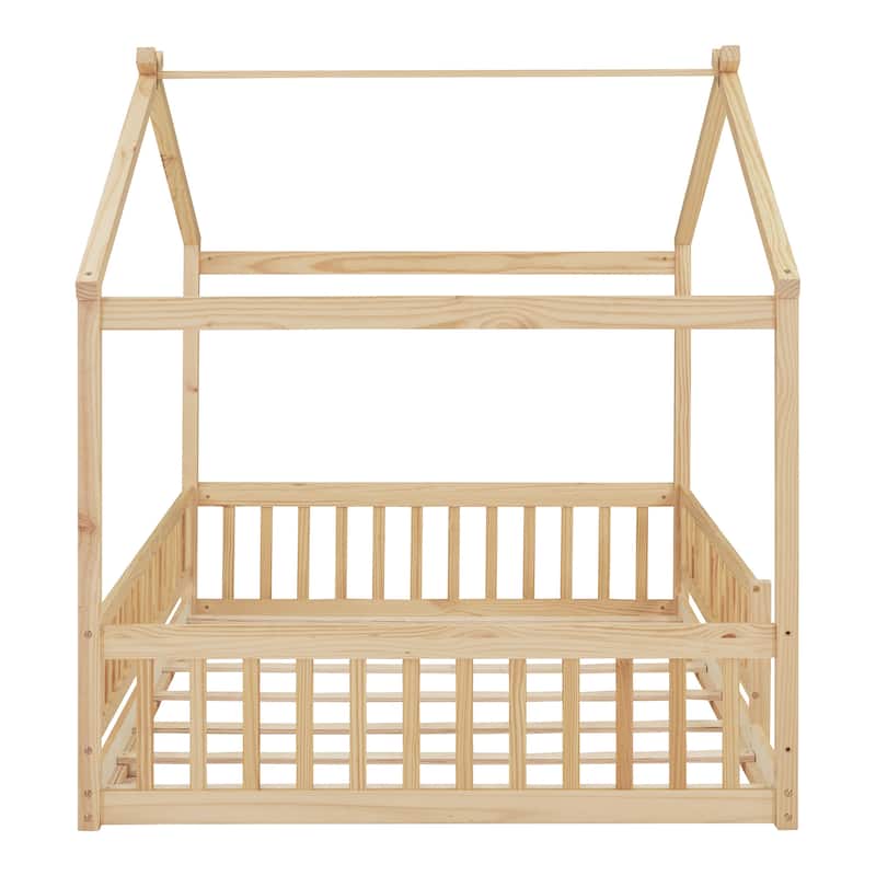 Full Size House Bed with Roof and Fence, Perfect for Kids' Play and Sleep