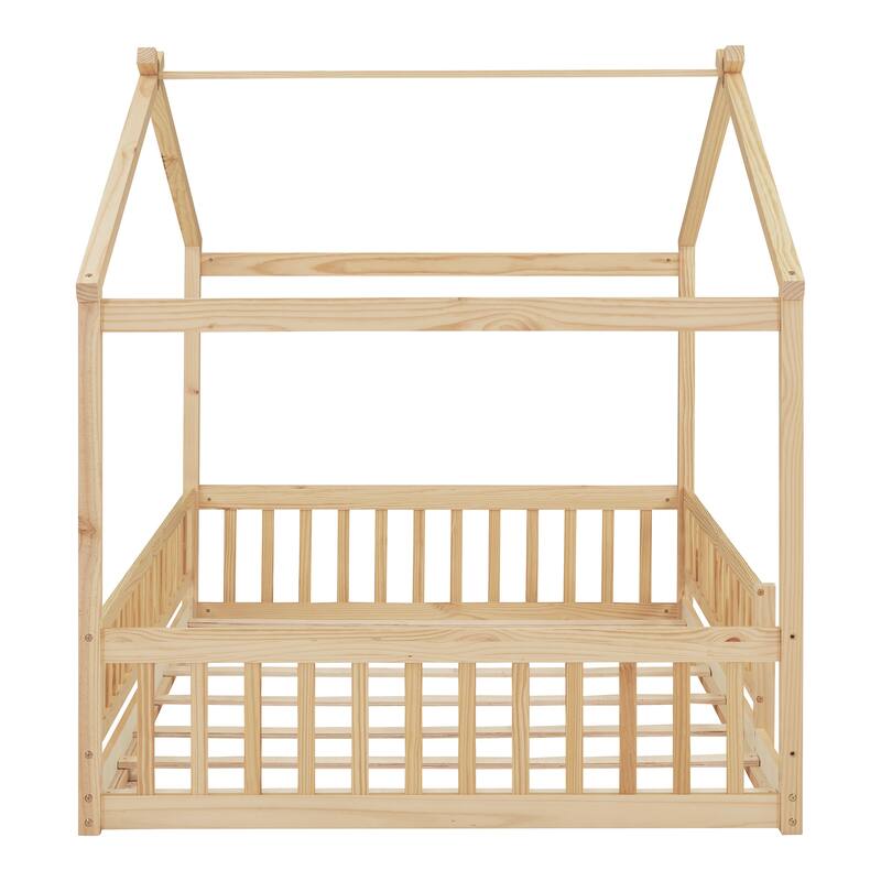 Wood Bed House Bed Frame with Fence