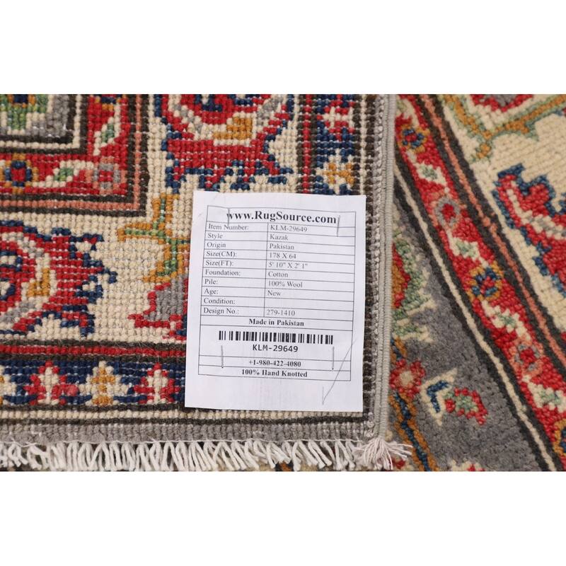Traditional Kazak Runner Rug Hand-Knotted Grey Wool Carpet - 2'1" x 5'10"