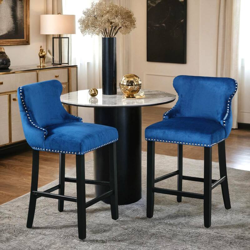 Velvet Upholstered Wing-Back Barstools and Wooden Legs, and Chrome Nailhead Trim, Leisure Style Bar Chairs,Bar stools，Set of 2