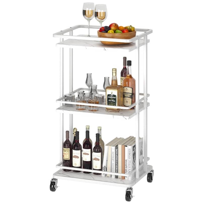 3-Tier Rolling Serving Bar Cart, Wood and Metal Kitchen Island Storage Cart with Wheels, Multifunction Utility Drink Cart