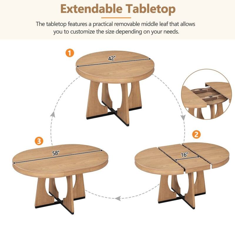 5-Piece Solid Wood Retro Rustic Functional Dining Set with 16" Removable Middle Leaf
