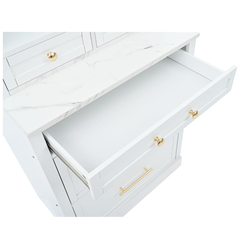 Roomfitters Modern 83.7" Tall Kitchen Hutch with Faux Marble Top and Adjustable Shelf