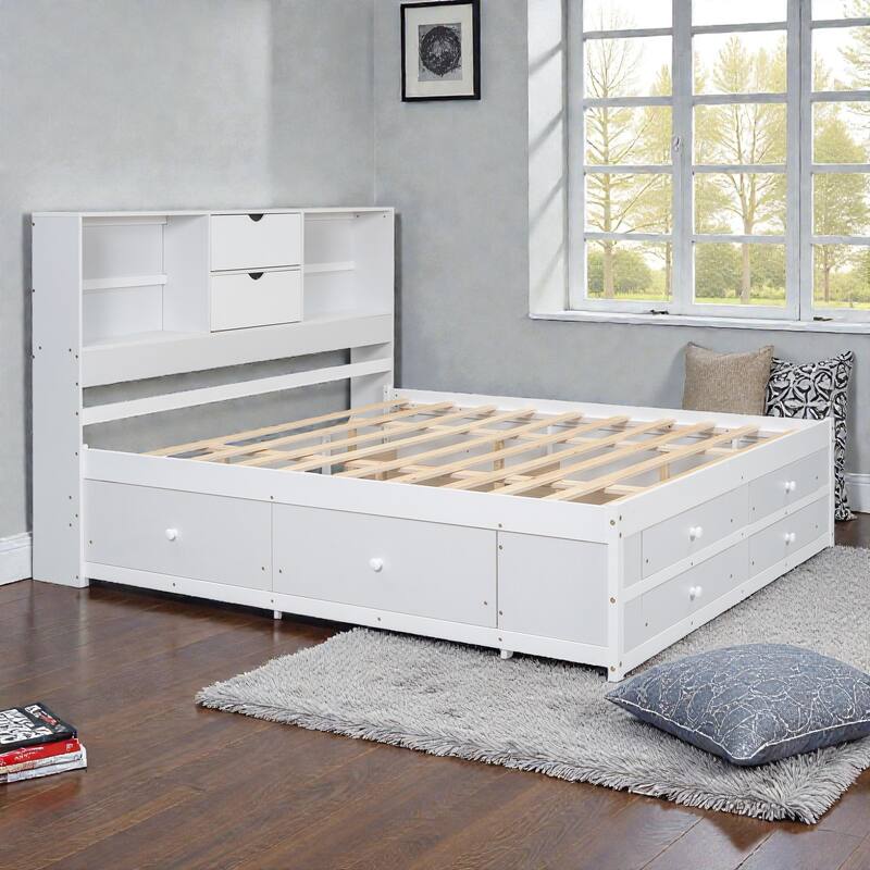 Platform Bed with Headboard Storage and 8 Drawers, Wood Bed Frame with Shelves and No Box Spring Needed