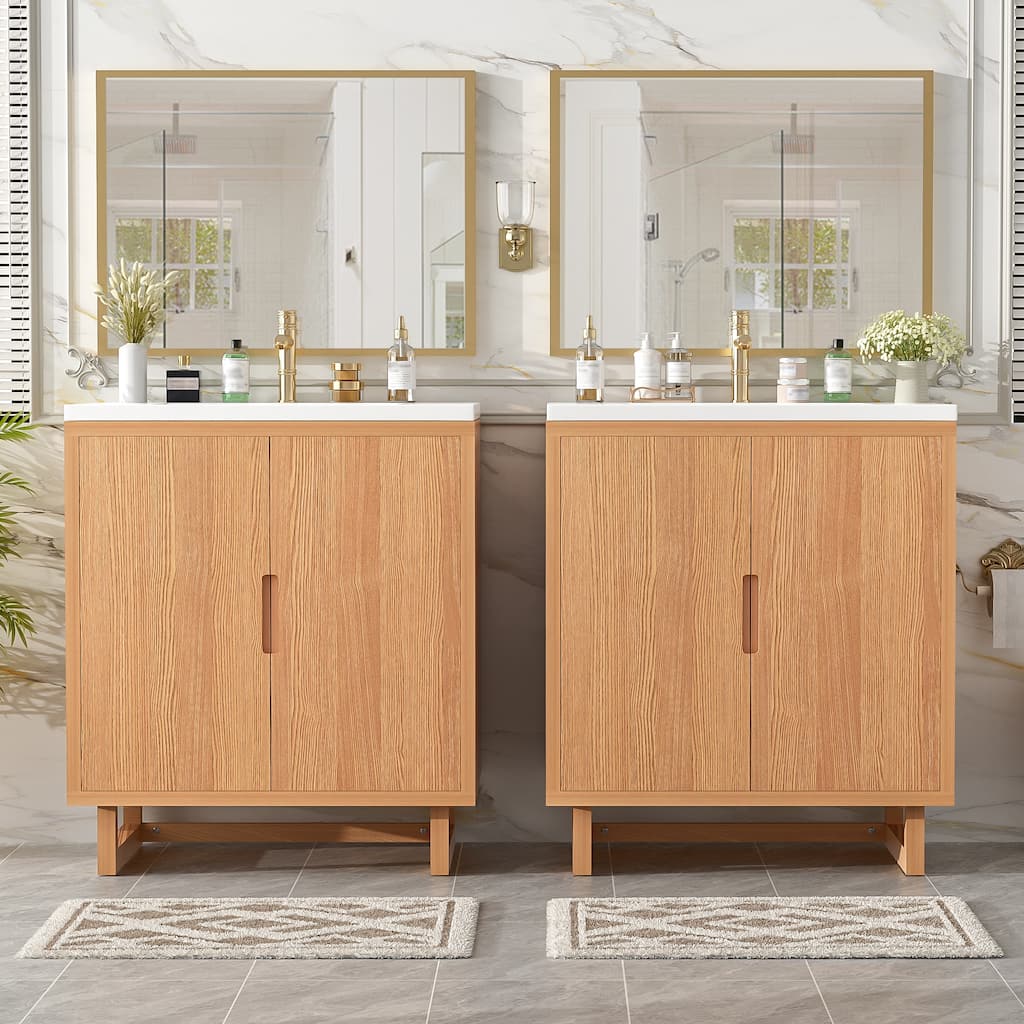 2-Piece Bathroom Vanity Set with Resin Sink, Freestanding Double Sink Bathroom Storage Cabinet, Solid Wood Frame
