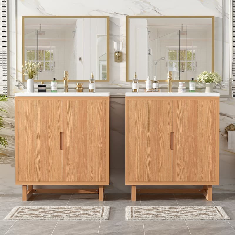GDFStudio - Transitional Double Bathroom Vanity Set with Resin Sink, Soft Close Doors & Solid Wood Legs, Set of 2 - Burly Wood - 60.2"