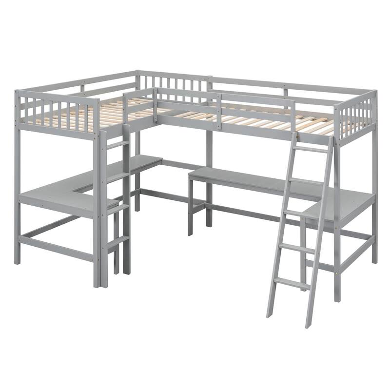 Wood Twin Size LShaped Loft Bed with Ladder and 2 Builtin LShaped