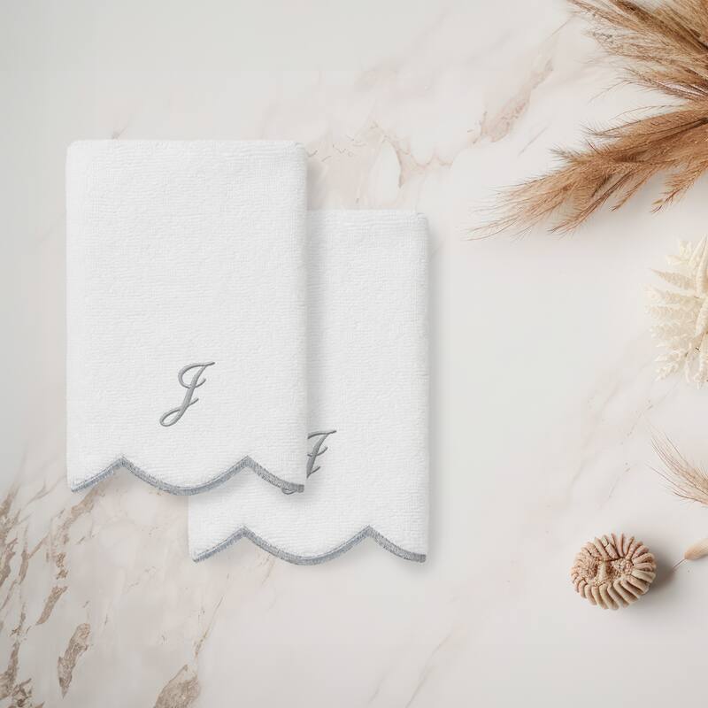 Authentic Hotel and Spa 100% Turkish Cotton Grey ADORNIA Scallop Personalized 2 Piece Fingertip Towel Set - 2 Fingertip Towels