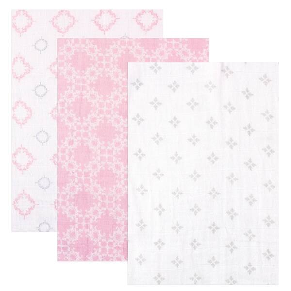 slide 1 of 1, Hudson Baby Infant Girl Cotton Muslin Swaddle Blankets, Damask, One Size - Damask - 3-Pack 3-Pack - Damask