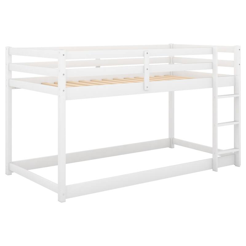 Low Profile Twin Over Twin Bunk Bed with Ladder, White, Solid Wood, Space-Saving Design
