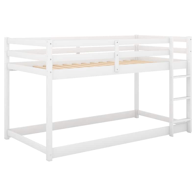 Wooden Kids Floor Bunk Beds with Safety Guardrail, Twin over Twin Low Bunk Bed Frame with Ladder, No Box Spring Needed