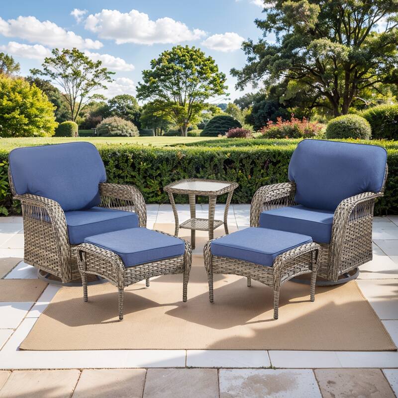 Pocassy Swivel Chair Table with Outdoor Ottoman Set. - Gray Wicker Blue Cushion - 5-Piece Swivel Chair Ottoman w/ Side Table