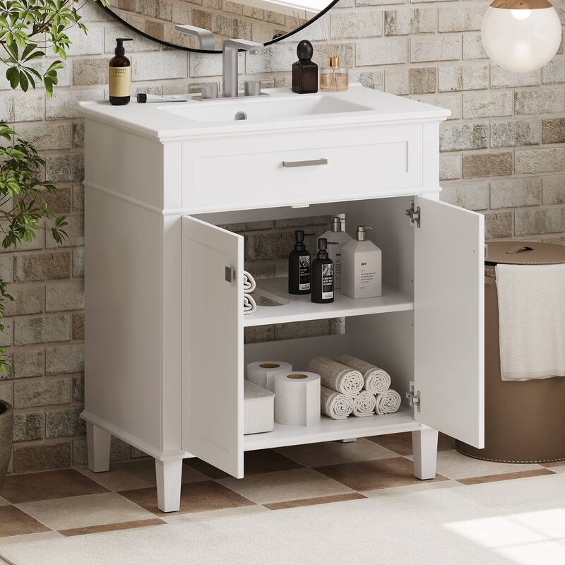 30-inch bathroom vanity with ceramic basin, soft close door and adjustable shelves