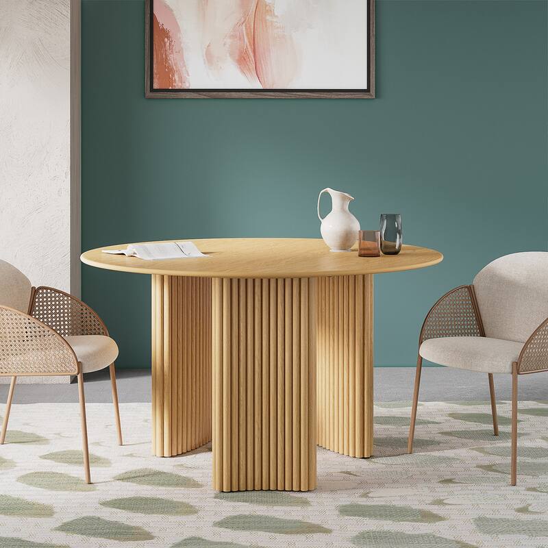 Modern Round Dining Table with Striped Column Legs Solid Wood Kitchen Table Anti-Scratch Footpads
