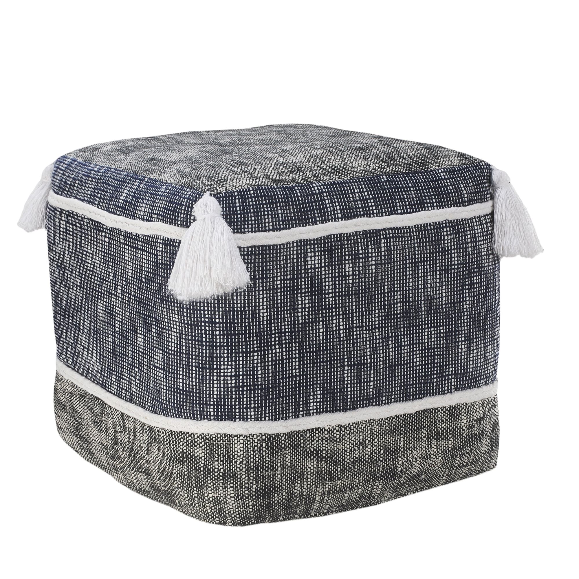 Laddha Home Designs 16 inch Blue White Distressed Rope Lined Square Pouf Ottoman with Tassels