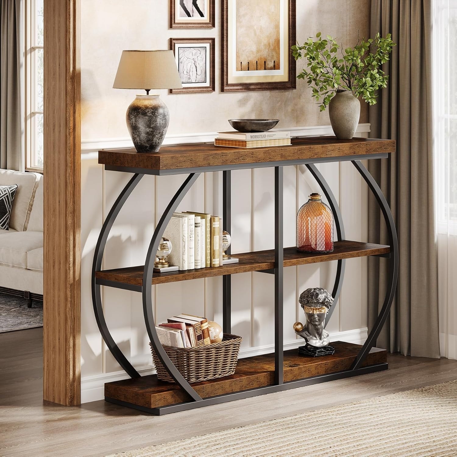 41.3 Inches Brown MDF Entryway Table, 3-Tier Industrial Console Table with Storage for Living Room
